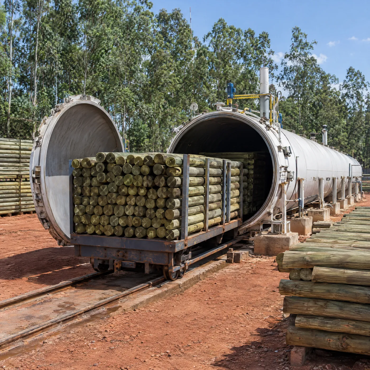 Pátio de usina com autoclave de tratamento e vagonetes carregados de mourões de eucalipto tratado