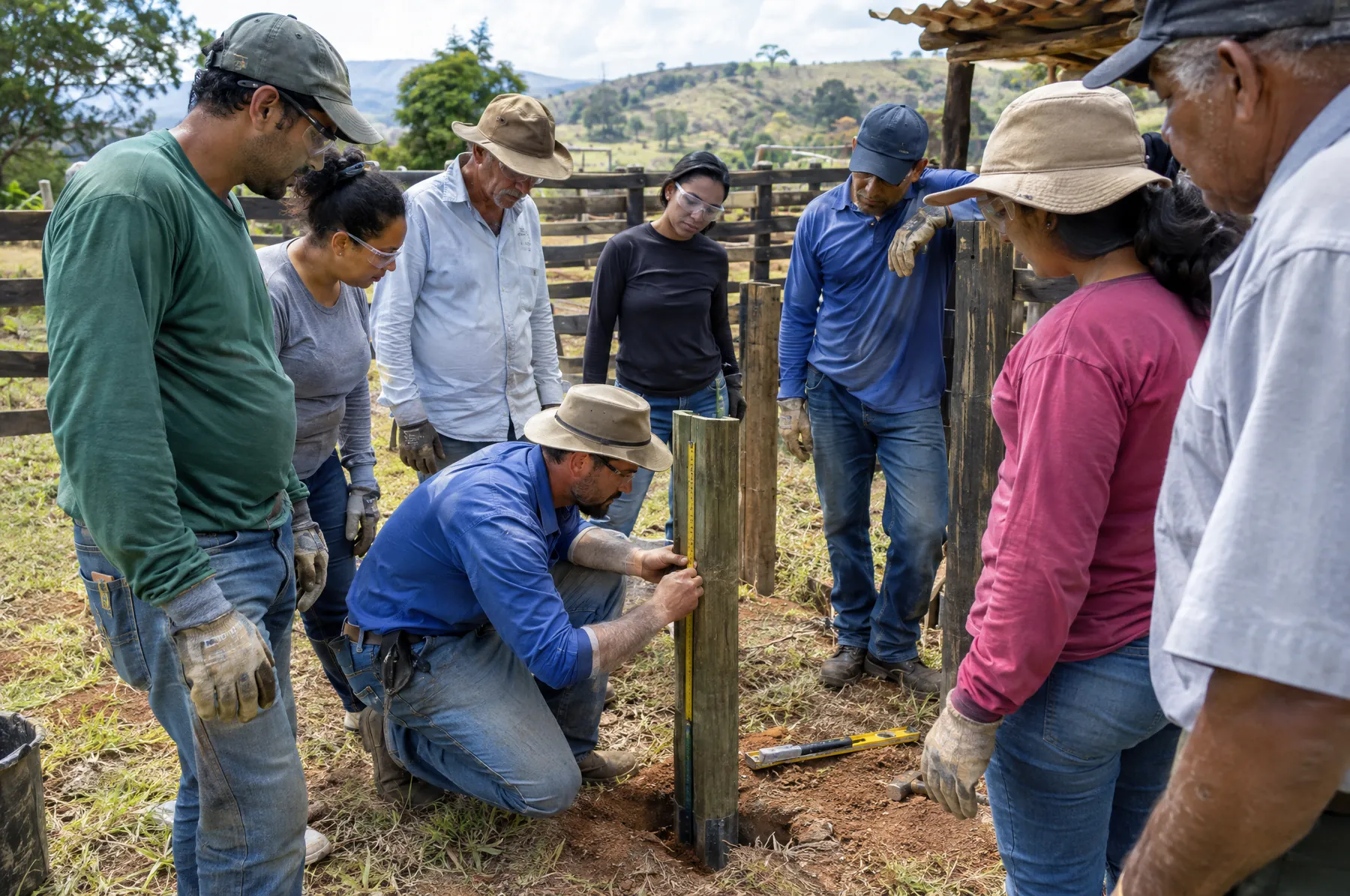 Turma de capacitação prática com madeira roliça no campo